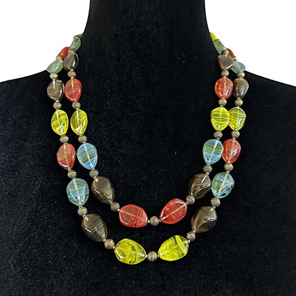 Vintage Double Strand Necklace Glass Beaded Red Blue Green - Picture 1 of 3